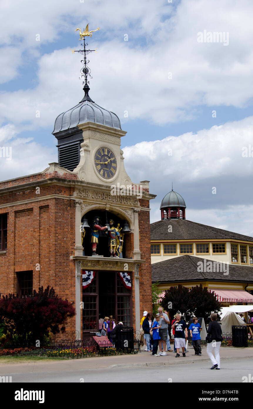 Michigan, Wyandotte. Greenfield Village. Main Street, Sir John Bennett clock tower and glockenspiel. Stock Photo