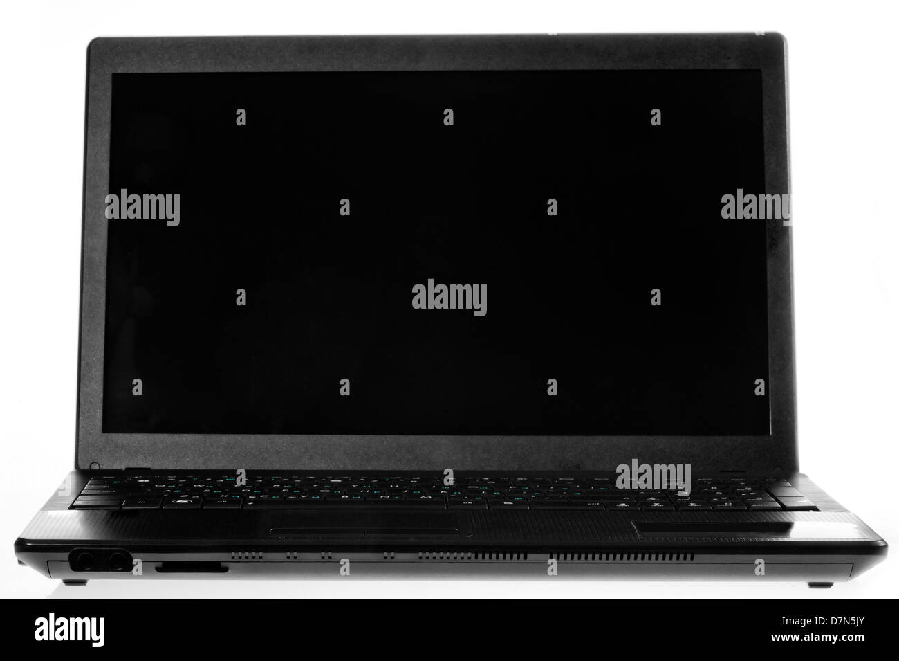 Black laptop open on a white background. Stock Photo