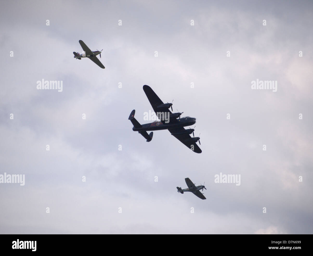 Lancaster,Spitfire and Hurricane from the Battle of Britain Memorial flight, based at R.A.F. Conningsby Stock Photo