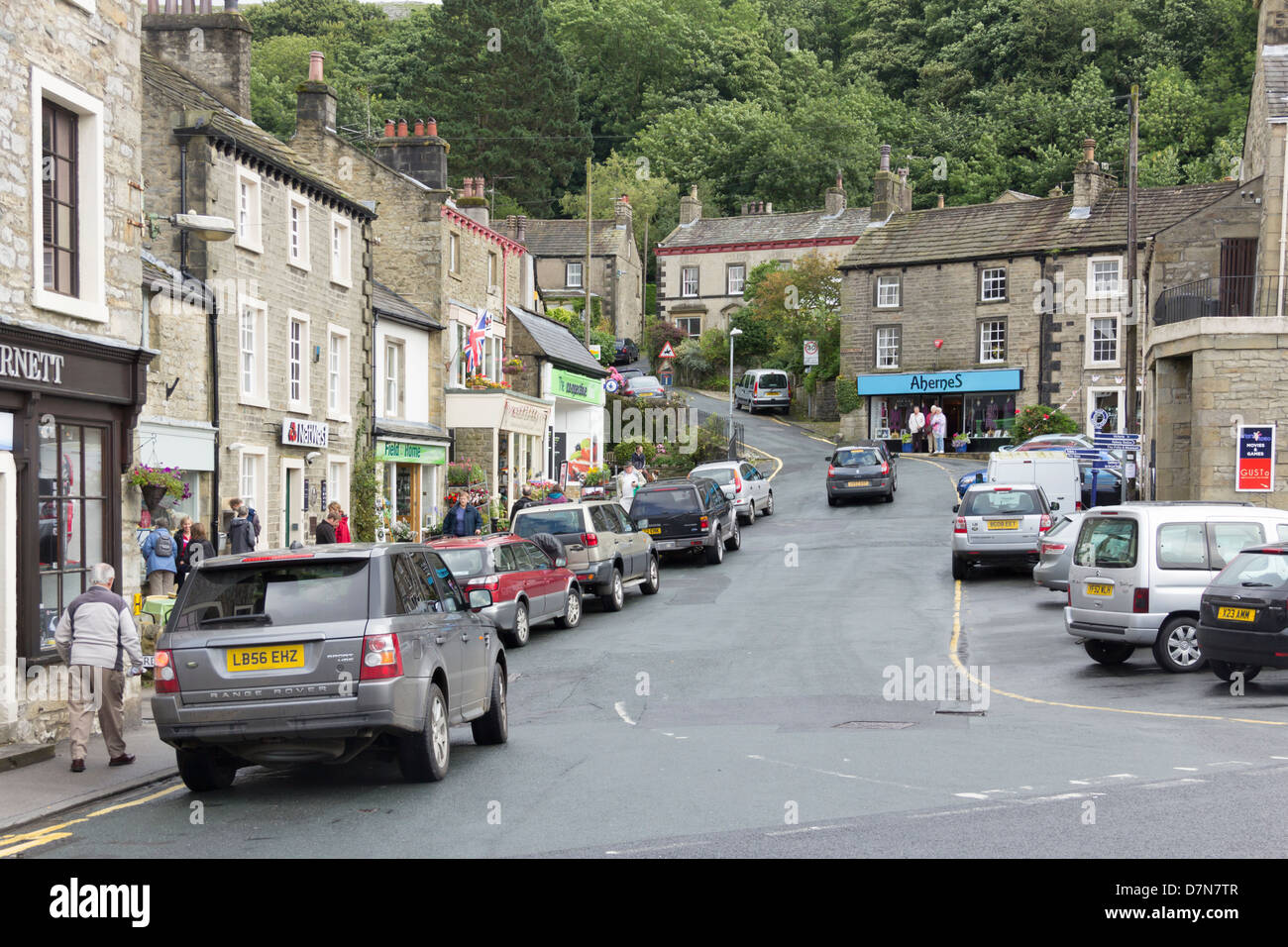 Market Place and looking towards Constitution Hill in the market town of Settle in North Yorkshire. Stock Photo