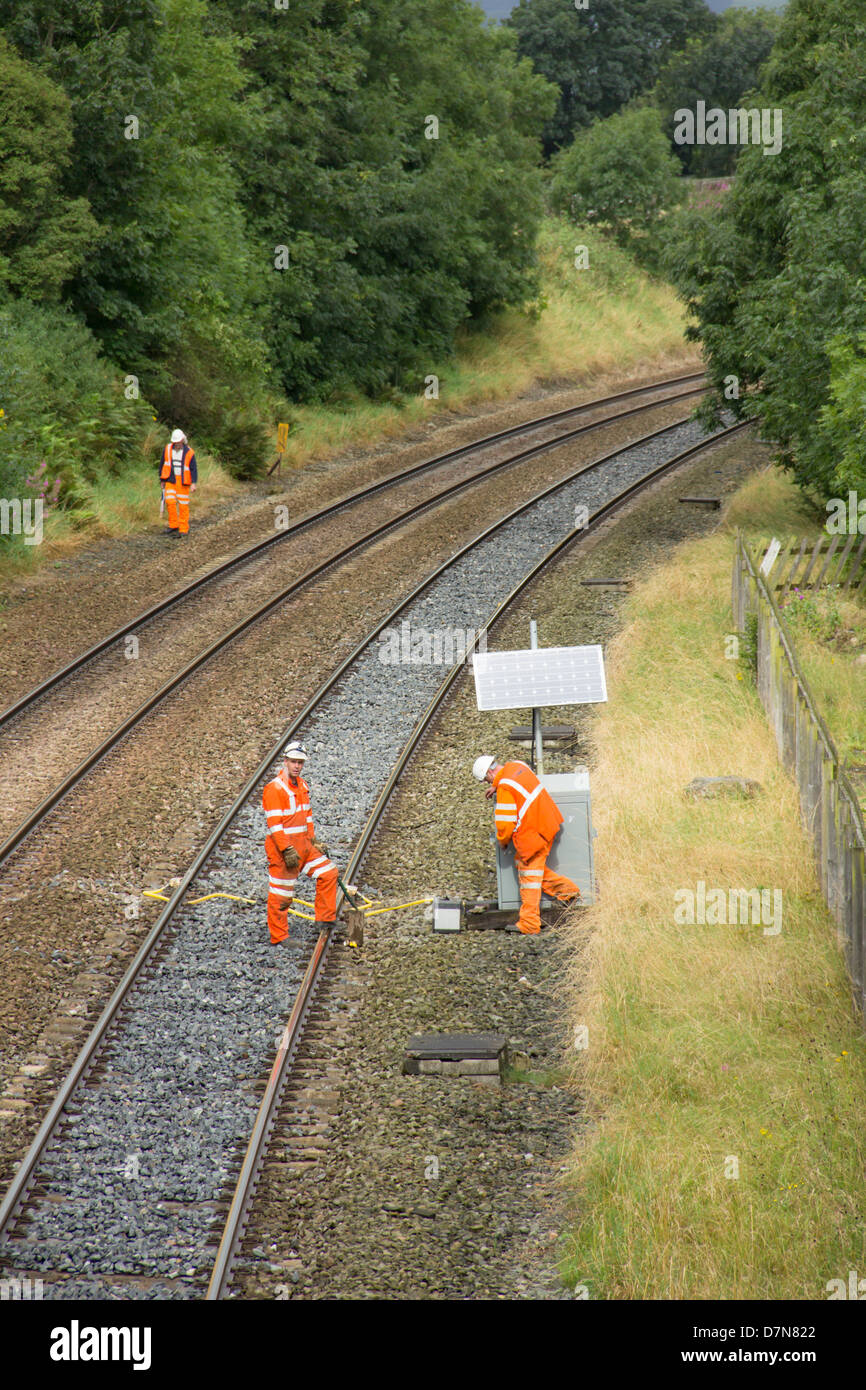 Network Rail maintenance staff working on trackside equipment on the