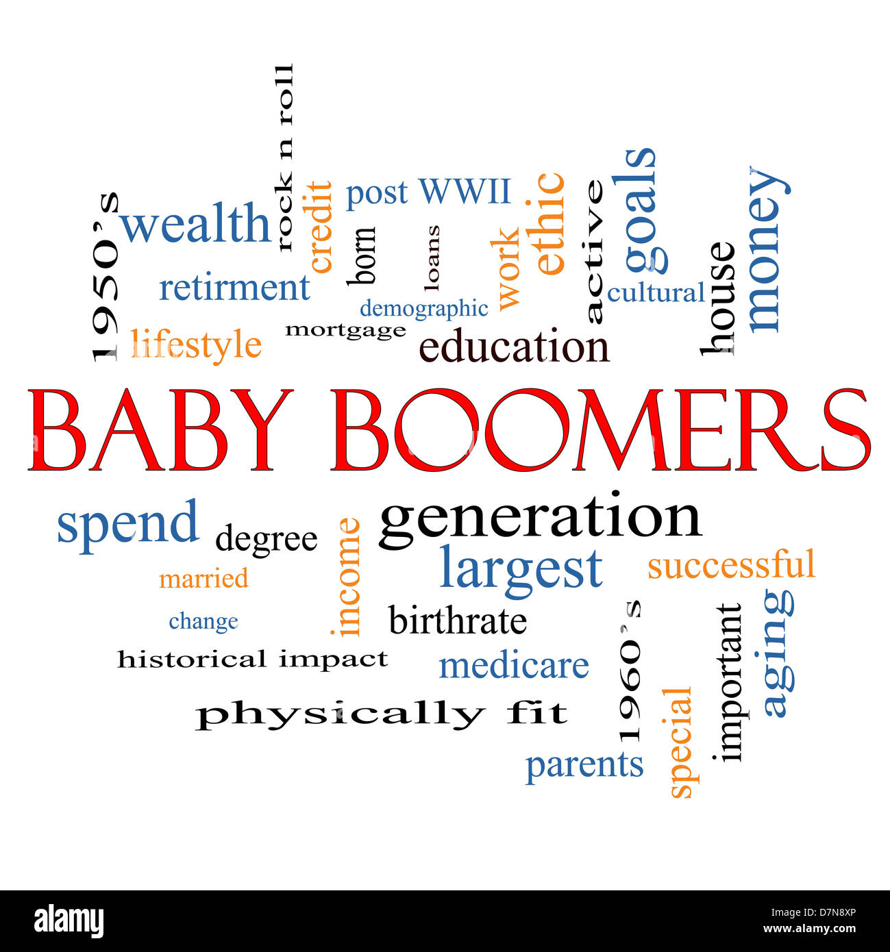 Baby Boomers Word Cloud Concept with great terms such as generation, largest, demographic and more. Stock Photo