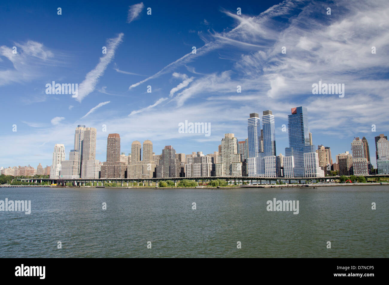 New York, New York City. Hudson River view of downtown city skyline. Stock Photo