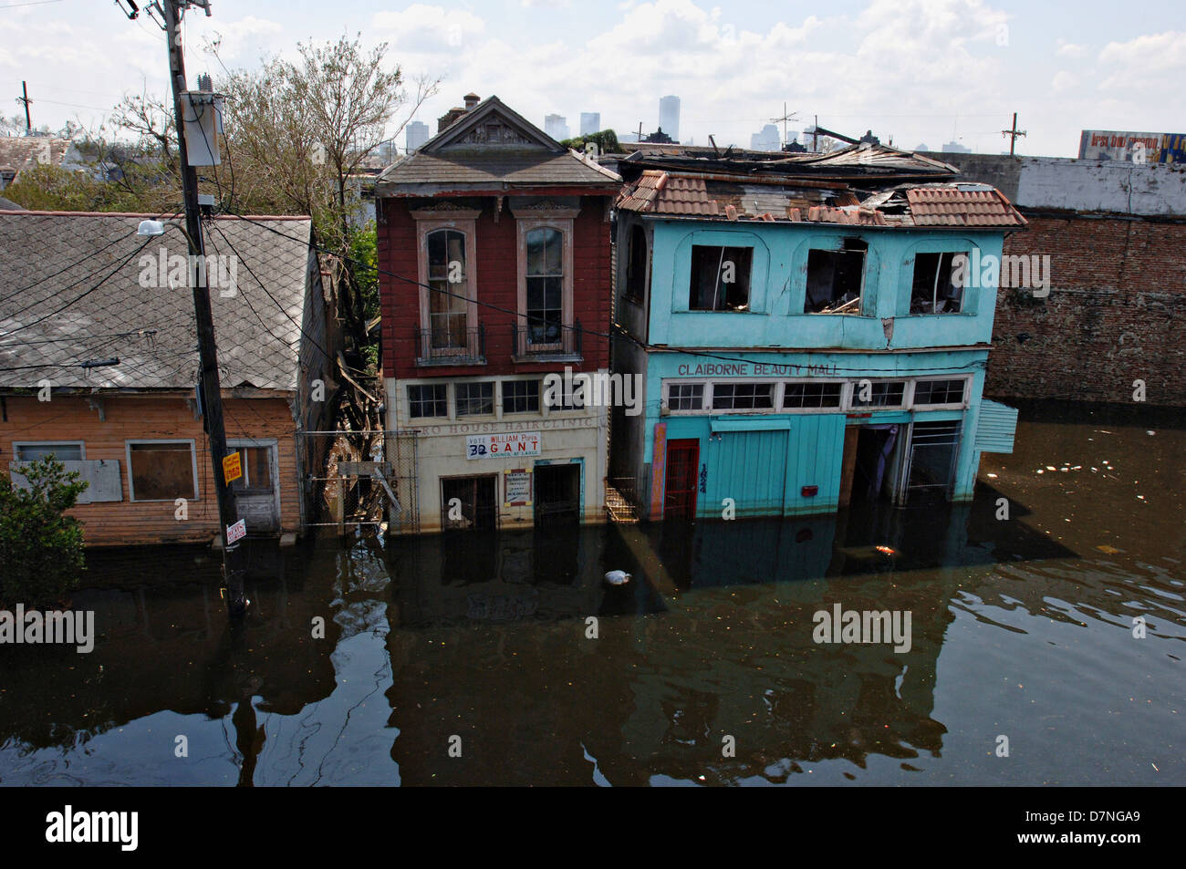 View of massive flooding and destruction in the aftermath of Hurricane Katrina September 6, 2005 in New Orleans, LA. Stock Photo