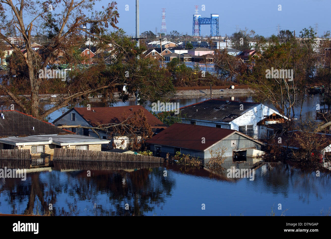 View of massive flooding and destruction in the aftermath of Hurricane Katrina September 6, 2005 in New Orleans, LA. Stock Photo