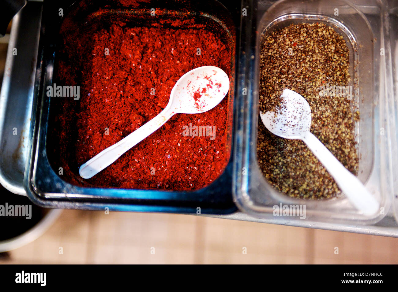 Hot Indian Asian spices in a restaurant kitchen. Stock Photo