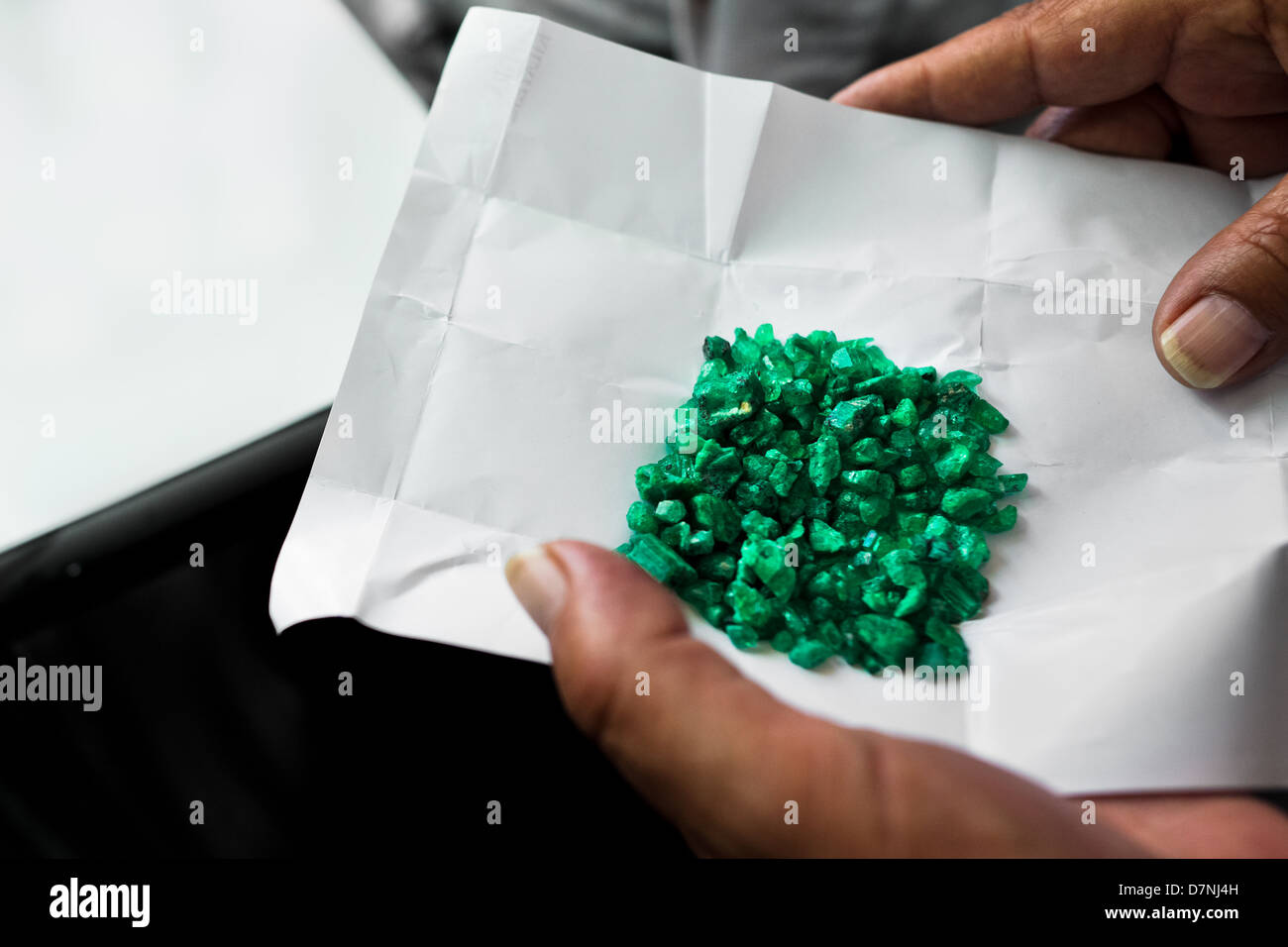 Rough emeralds seen before being processed in a cutting and polishing
