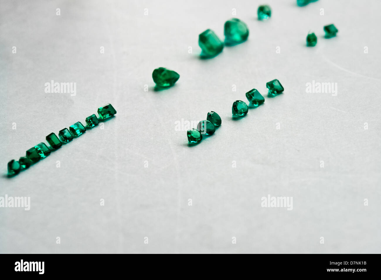 Fine emeralds seen after being processed in a cutting and polishing