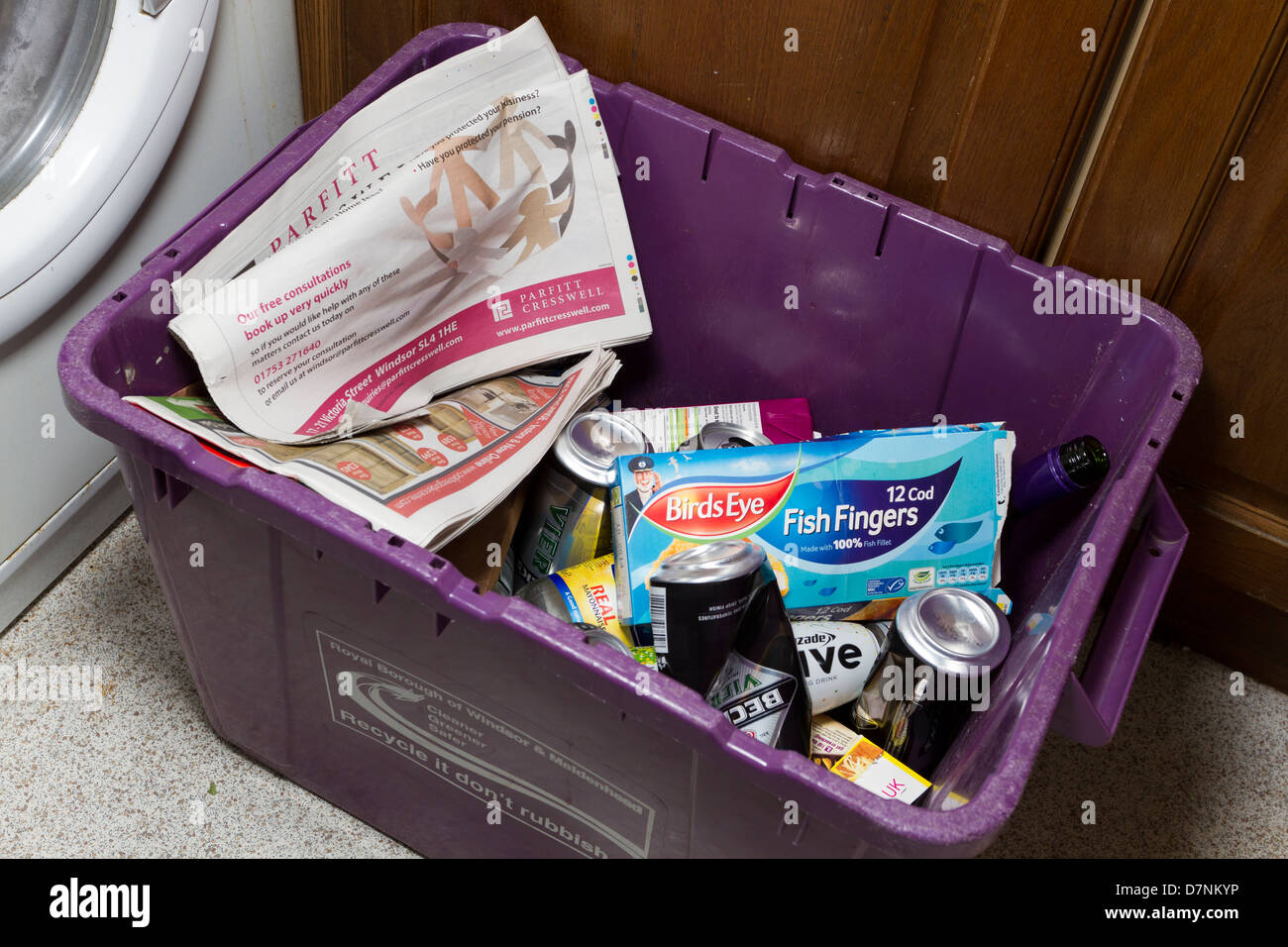 Household recycling bin in a kitchen, Berkshire, England, UK Stock Photo Alamy