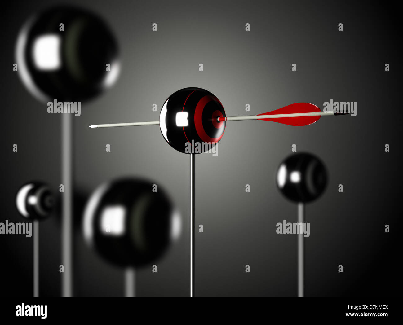 One red arrow piercing a ball shaped target mouted on a pole, black background, Blur effect3D render illustration Stock Photo