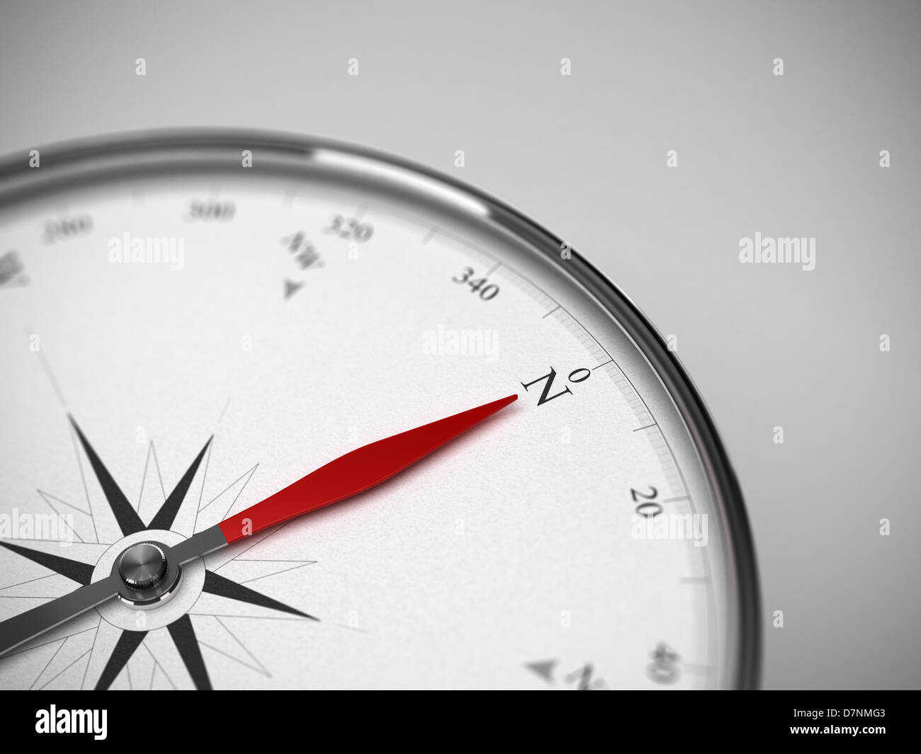 Measure instrument, compass with red needle pointing to the north. Blur effect focus on the letter N. Grey background Stock Photo