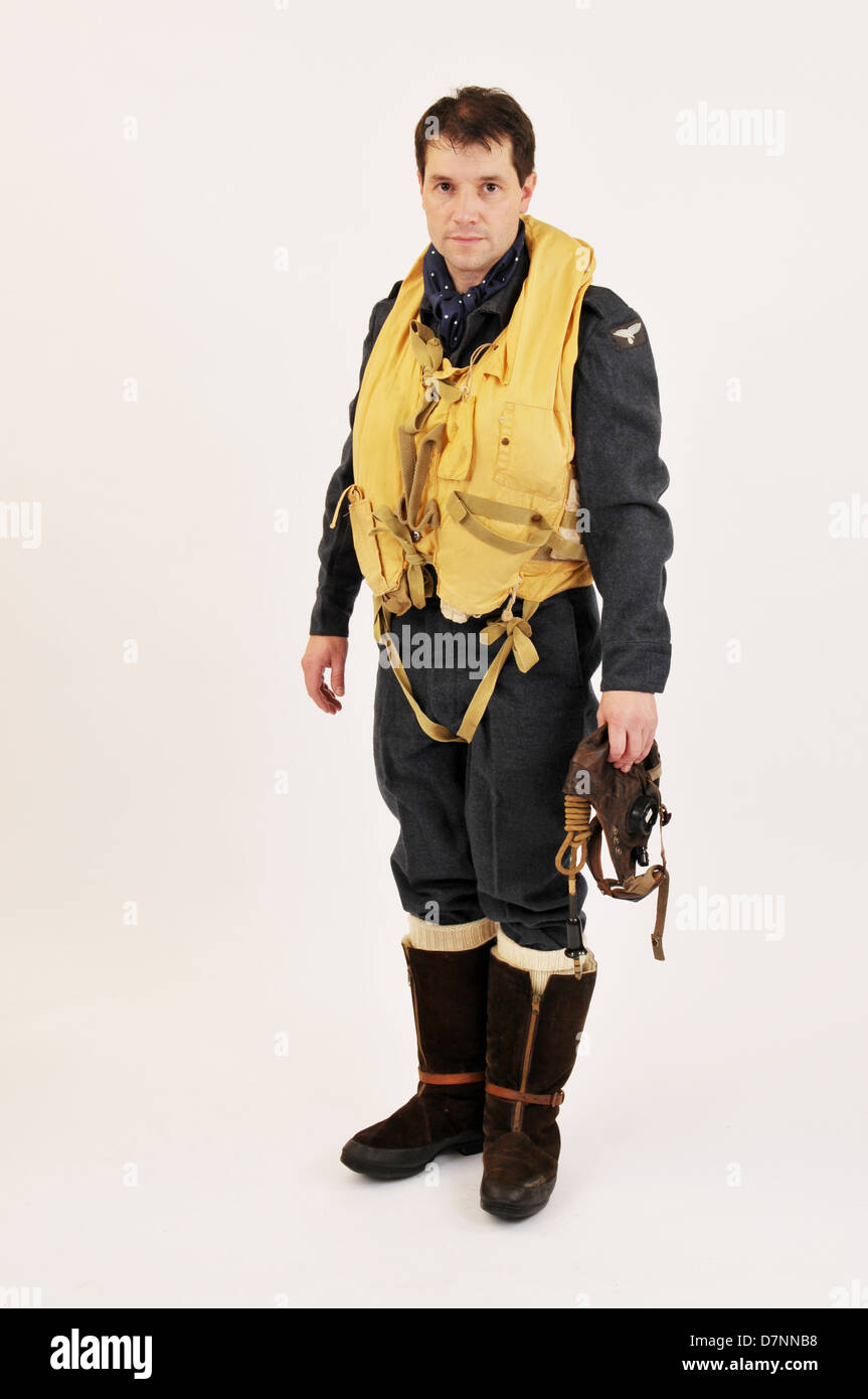 WW2 RAF pilot/crew member wearing flying boots & 'Mae West' life jacket. Stock Photo