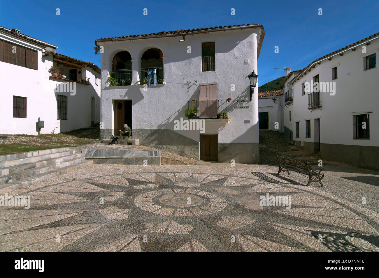 Square of the fountain, Linares de la Sierra, Huelva-province, Region of Andalusia, Spain, Europe Stock Photo