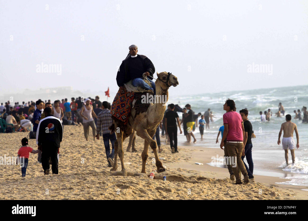 Gaza City, Gaza Strip. May 10, 2013. Palestinians enjoy riding a camel ...