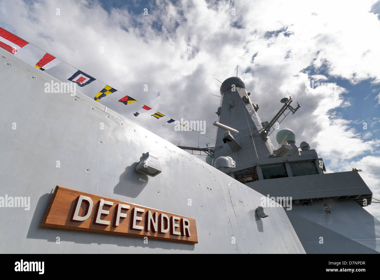 A shot of the wooden name plate taken on board HMS Defender during the Hamburg Hafen Geburtstag. Stock Photo