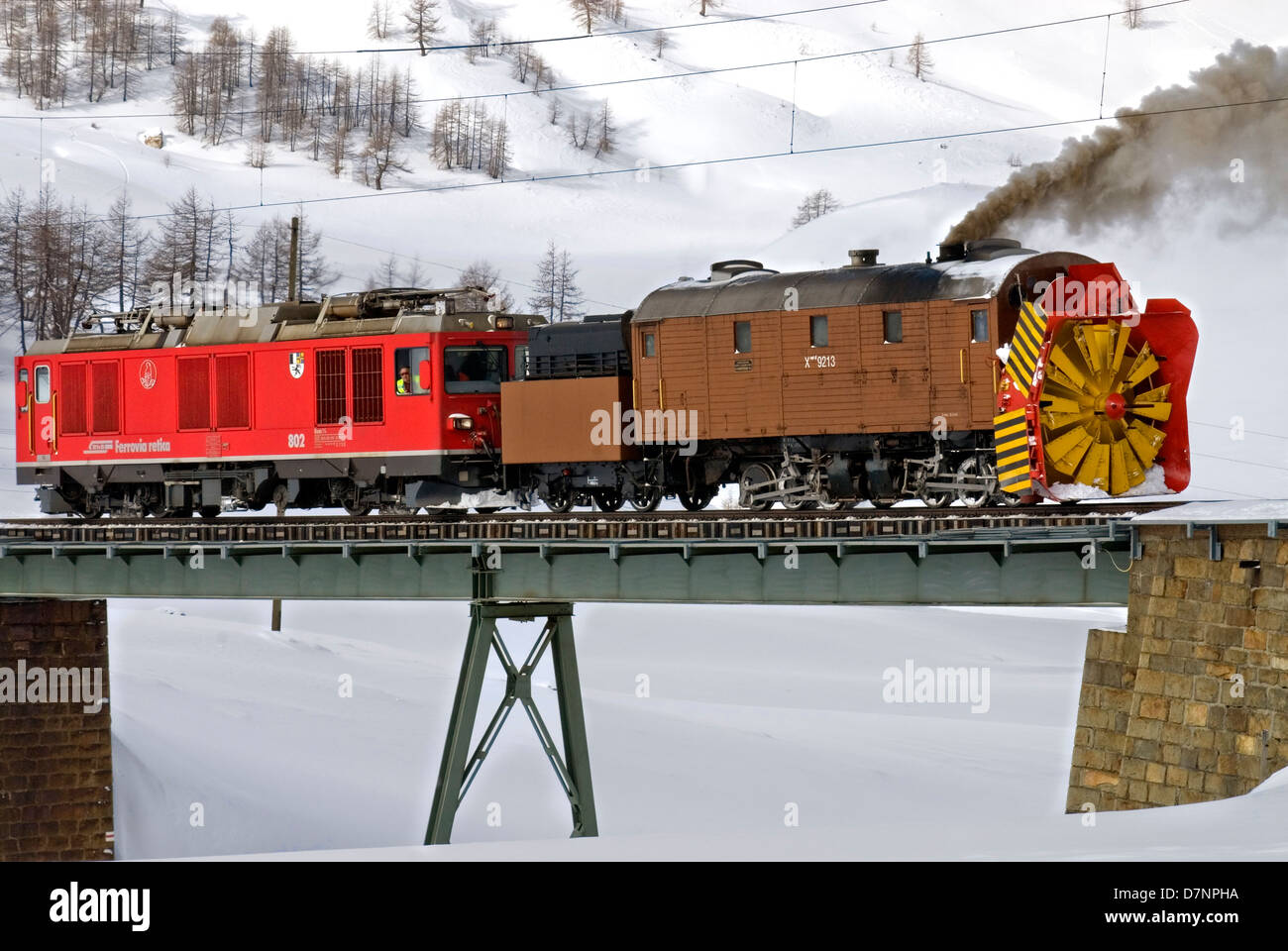 Snow blower train at Bernina Pass, Grisons, Switzerland Stock Photo