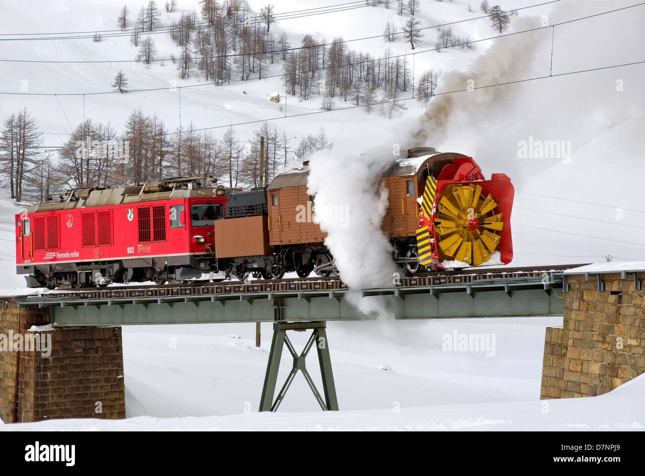 Snow blower train at Bernina Pass, Switzerland Stock Photo