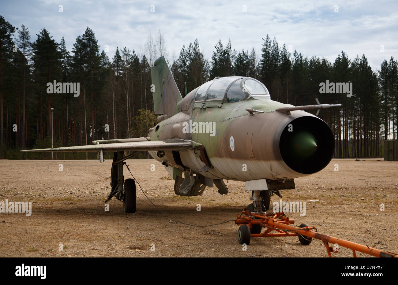A retired Soviet-made MiG-21UM two-seat trainer fighter of the Finnish Air Force at Kuorevesi. Stock Photo
