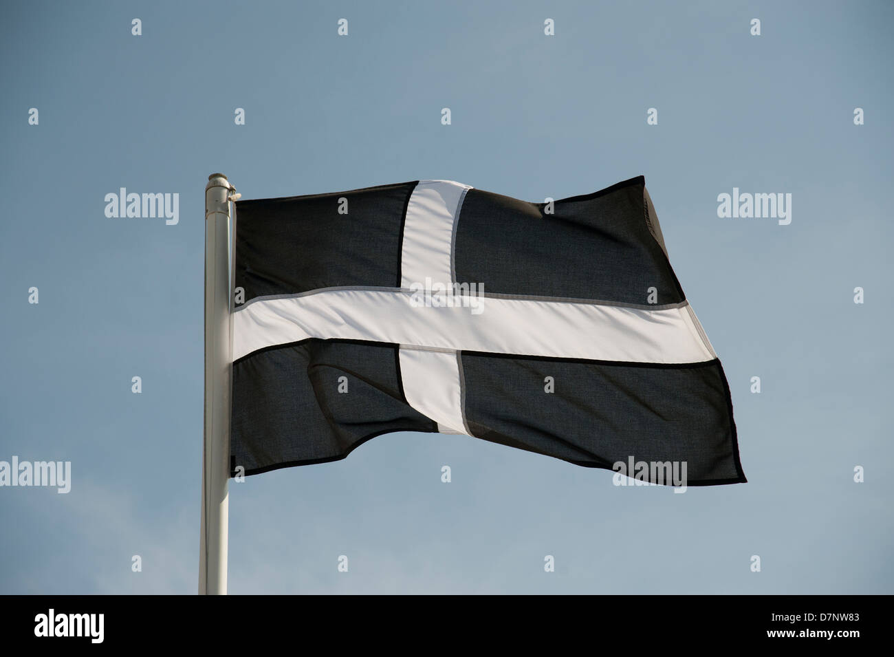 Fishing boat flying the Cornwall flag of St Piran patron saint of miners  Stock Photo - Alamy