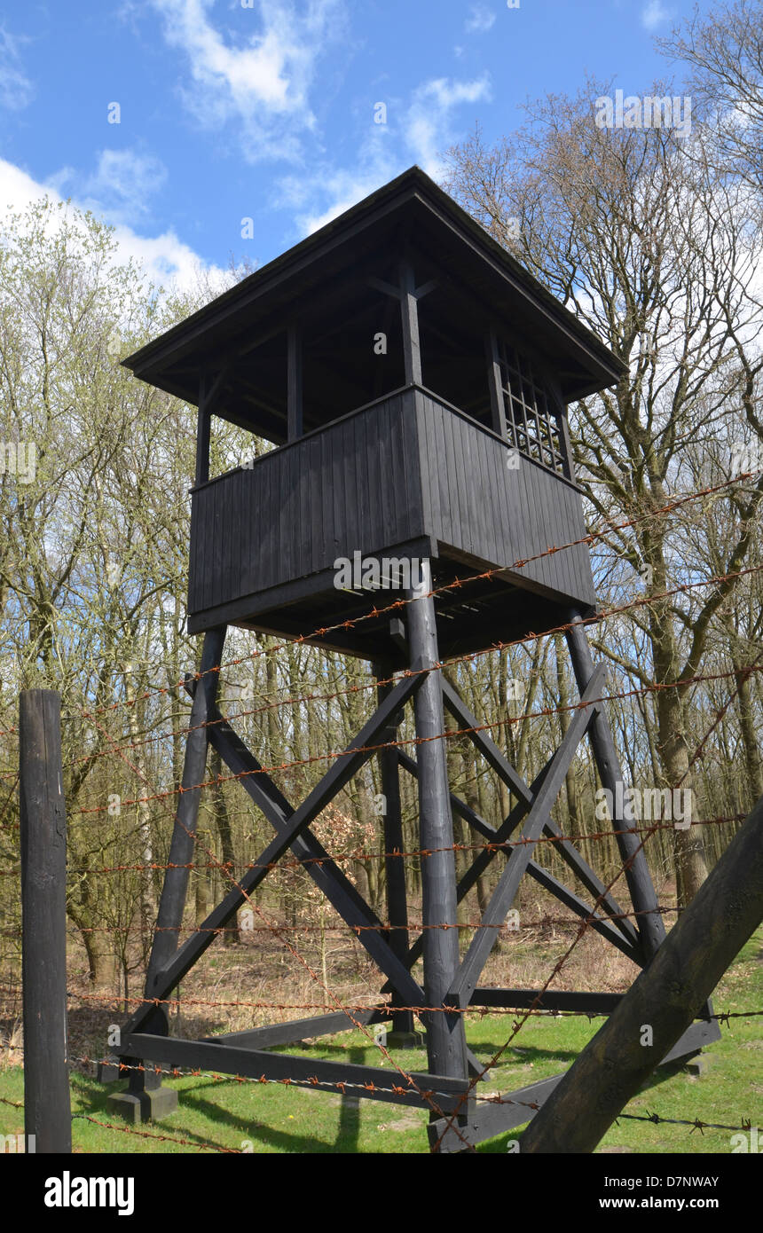 Watch tower at the war memorial and WWII concentration camp Stock Photo