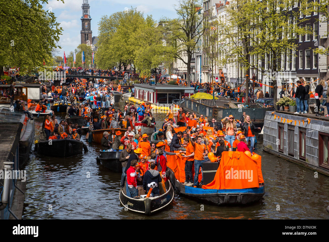 Annual Queens Day in The Netherlands. Boat parade in the canals of