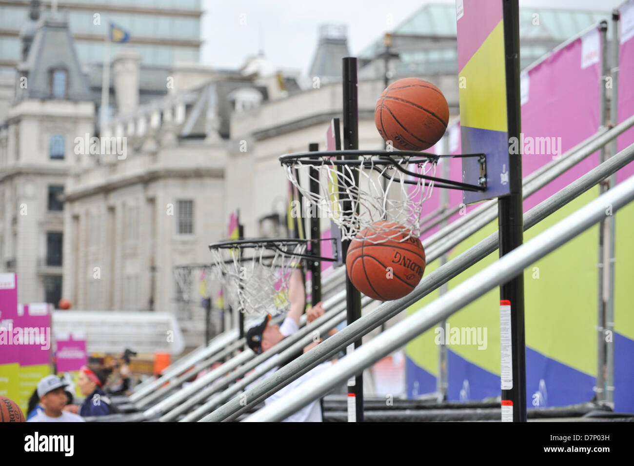 Trafalgar Square, London, UK. 11th May 2013. Basketball falling through the basket at the Fan Zone event in Trafalgar Square. The Turkish Airlines Euroleague Basketball Fan Zone fills more than 2,000 square meters of Trafalgar Square with activities throughout Final Four weekend from Friday, May 10 to Sunday, May 12. A weather-proof Main Court, two full courts complete with a 15-meter-high roof, in the middle of the square. The Turkish Airlines Main Court will be the main venue for games, contests and other activities. Credit:Matthew Chattle/Alamy Stock Photo