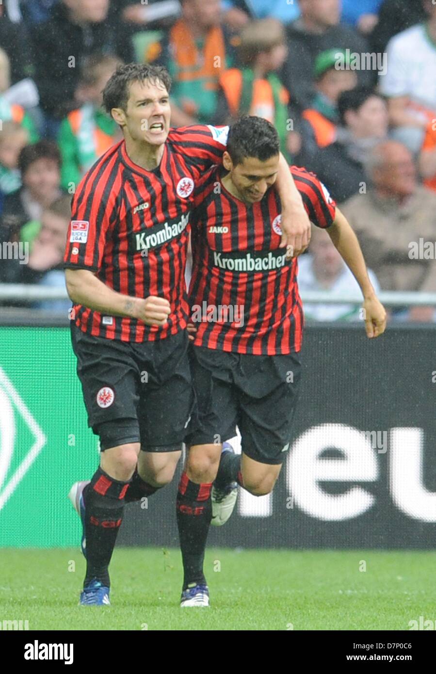 Frankfurt's Srdjan Lakic (L) celebrates his 1-1 equalizer with Karim Matmour during the German Bundesliga match between Werder Bremen and Eintracht Frankfurt at Weser Stadium in Bremen, Germany, 11 May 2013. Photo: CARMEN JASPERSEN (ATTENTION: EMBARGO CONDITIONS! The DFL permits the further utilisation of up to 15 pictures only (no sequntial pictures or video-similar series of pictures allowed) via the internet and online media during the match (including halftime), taken from inside the stadium and/or prior to the start of the match. The DFL permits the unrestricted transmission of digitised  Stock Photo