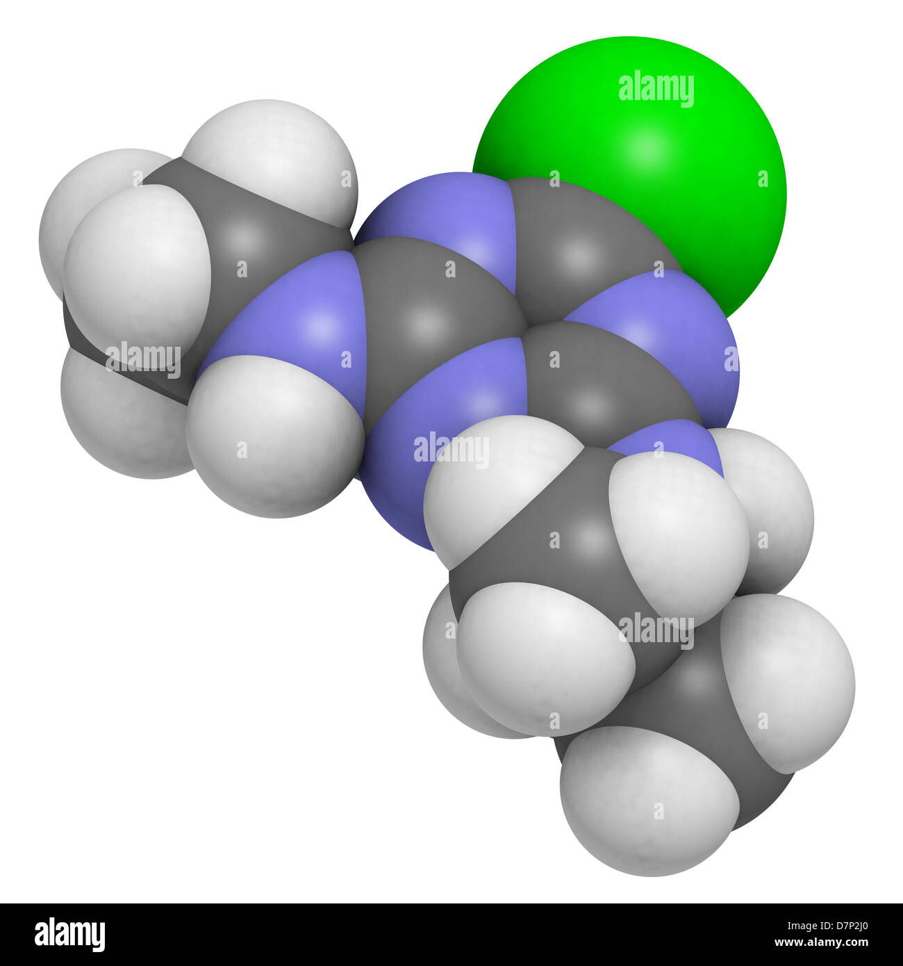 Atrazine herbicide, molecular model. Atoms are represented as spheres ...