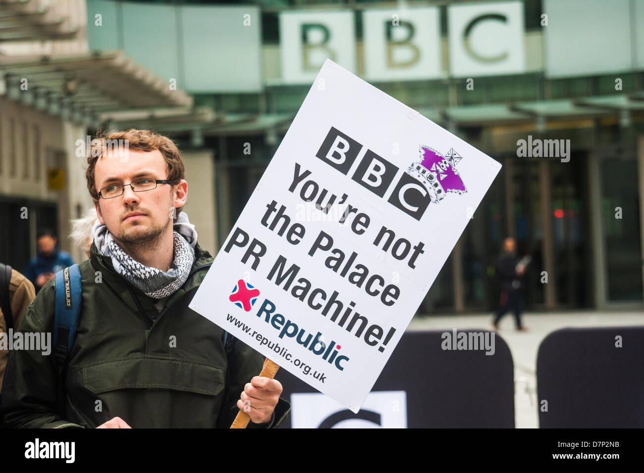 London, UK. 11th May 2013. A Republic protester outside the BBC reminds them that they are not the Palace PR machine. Credit: Paul Davey/Alamy Live News Stock Photo