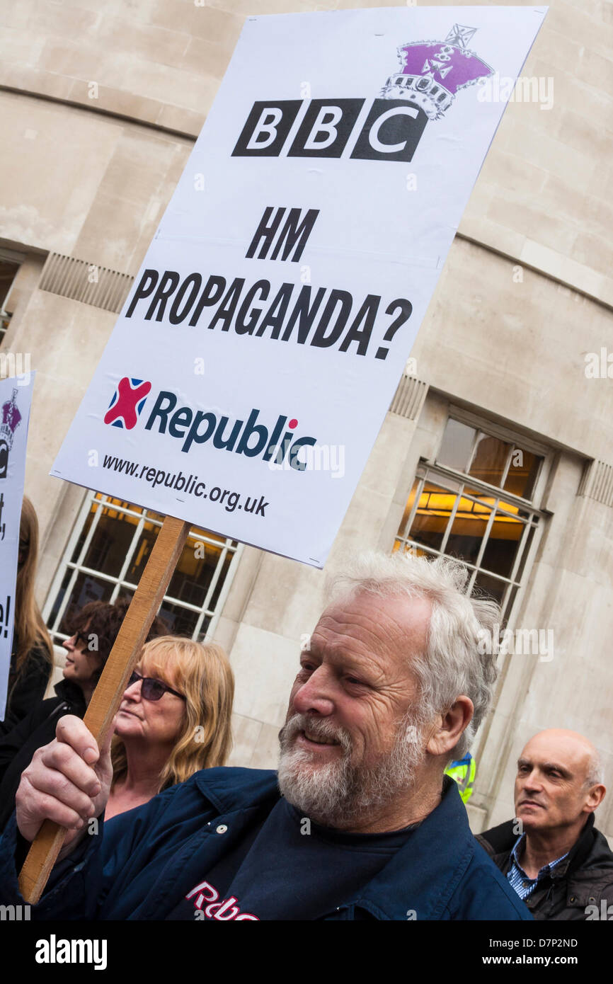 London, UK. 11th May 2013. A protester questions whether the BBC is acting as the propaganda department for the Royal Family. Credit: Paul Davey/Alamy Live News Stock Photo