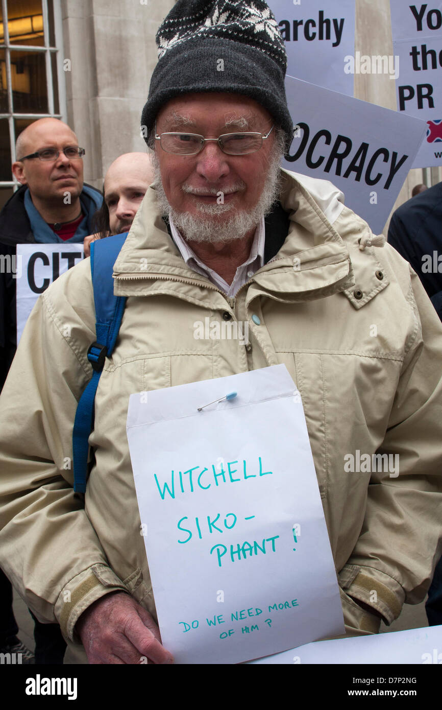 London, UK. 11th May 2013. A Republic protester accuses BBC Royal Correspondent Nicholas Witchell of being a sycophant to the Royal Family. Credit: Paul Davey/Alamy Live News Stock Photo