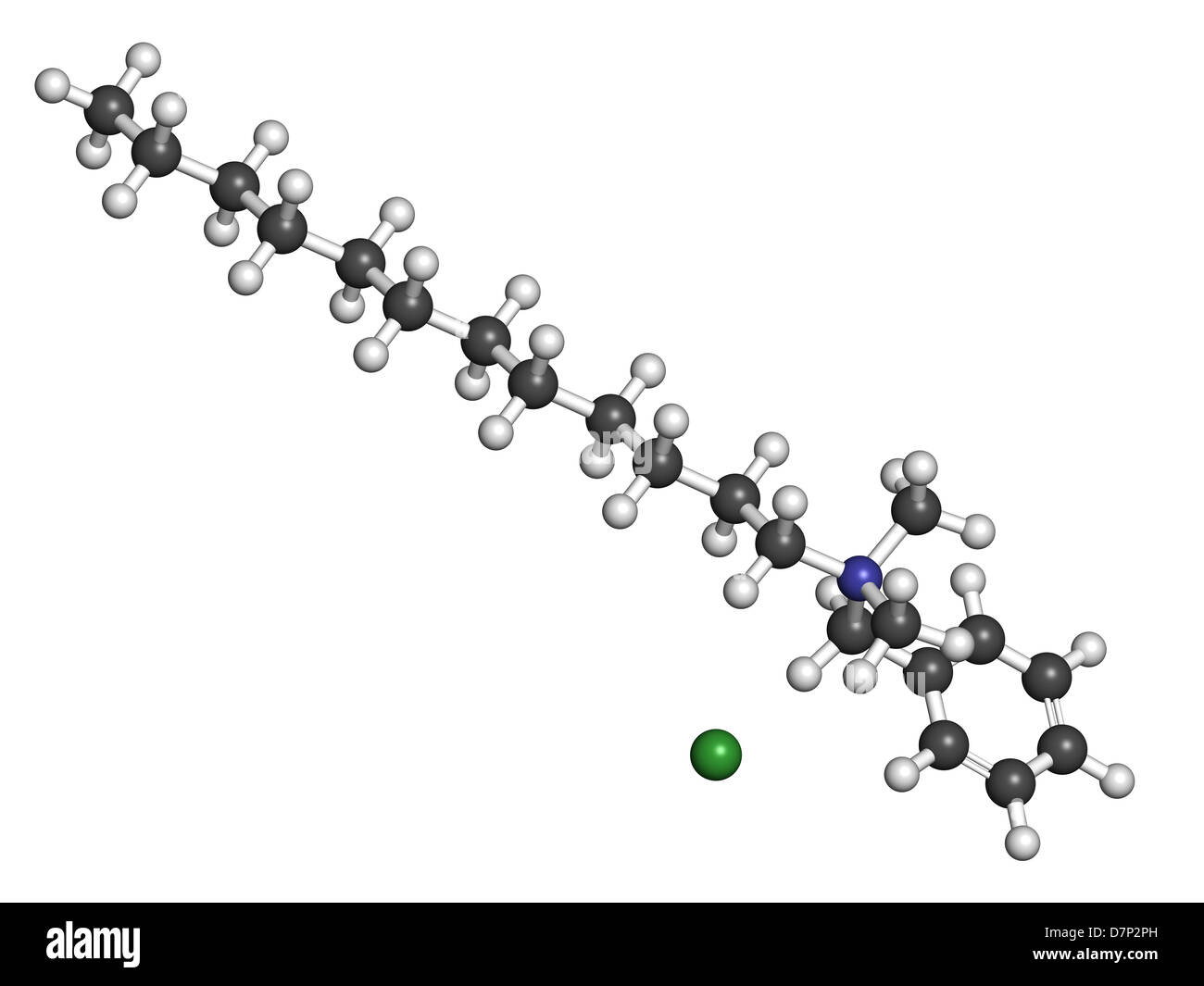 Benzalkonium chloride biocide, molecular model. Atoms are represented ...