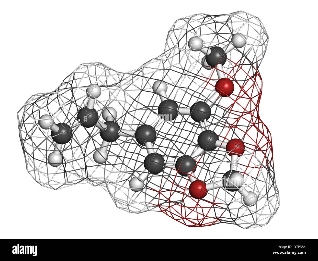 myristicin nutmeg psychoactive component, molecular model. Atoms are
