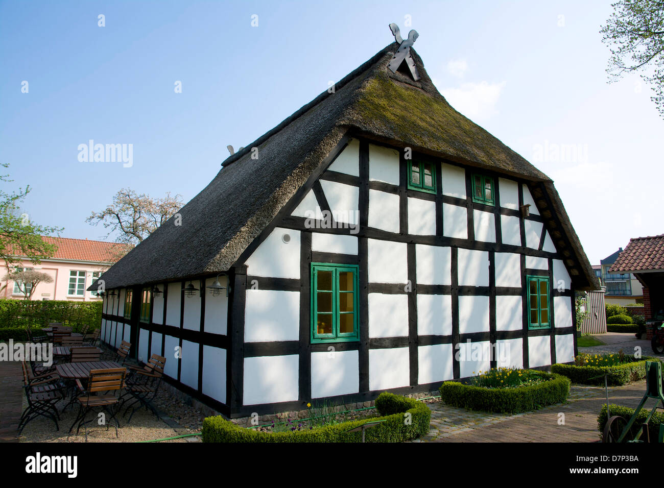 Thatched building from 1633 that houses the asparagus museum in Nienburg. Stock Photo