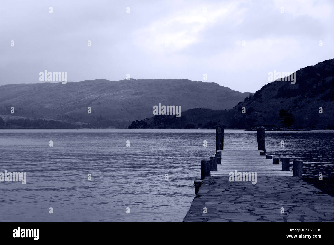 View of the Ullswater lake from the garden pier of the Inn On The Lake hotel, Lake District. Feb 2012 Stock Photo
