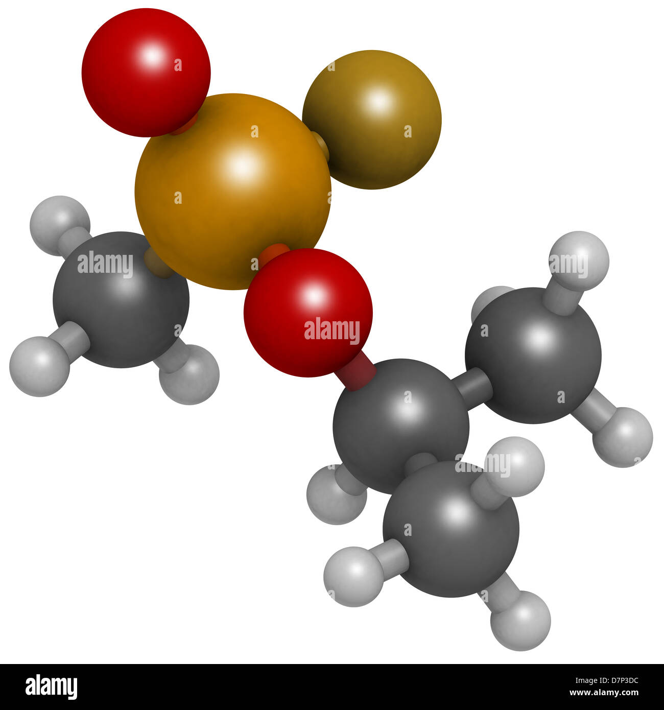 Sarin nerve agent, molecular model. Sarin is a chemical weapon