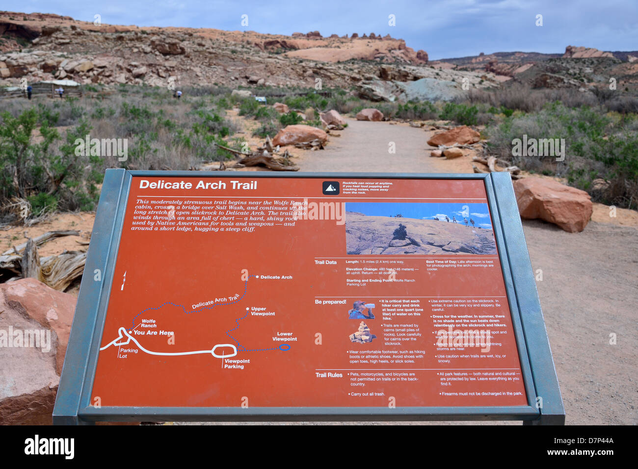 Sign and illustration at the delicate Arch Trail. Arches National Park, Moab, Utah, USA. Stock Photo