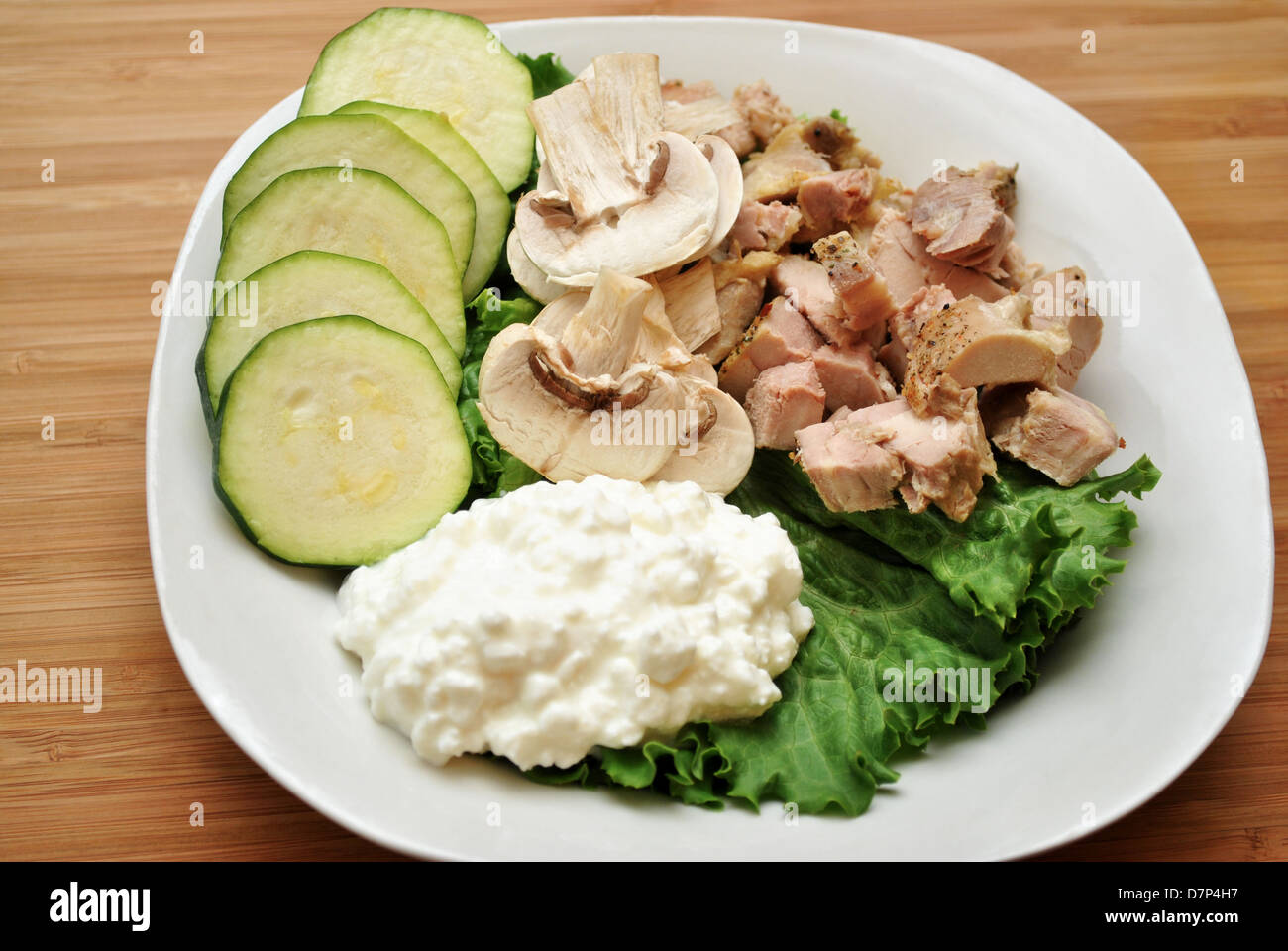 Healthy Lunch Salad With Chopped Chicken Raw Mushrooms Cottage