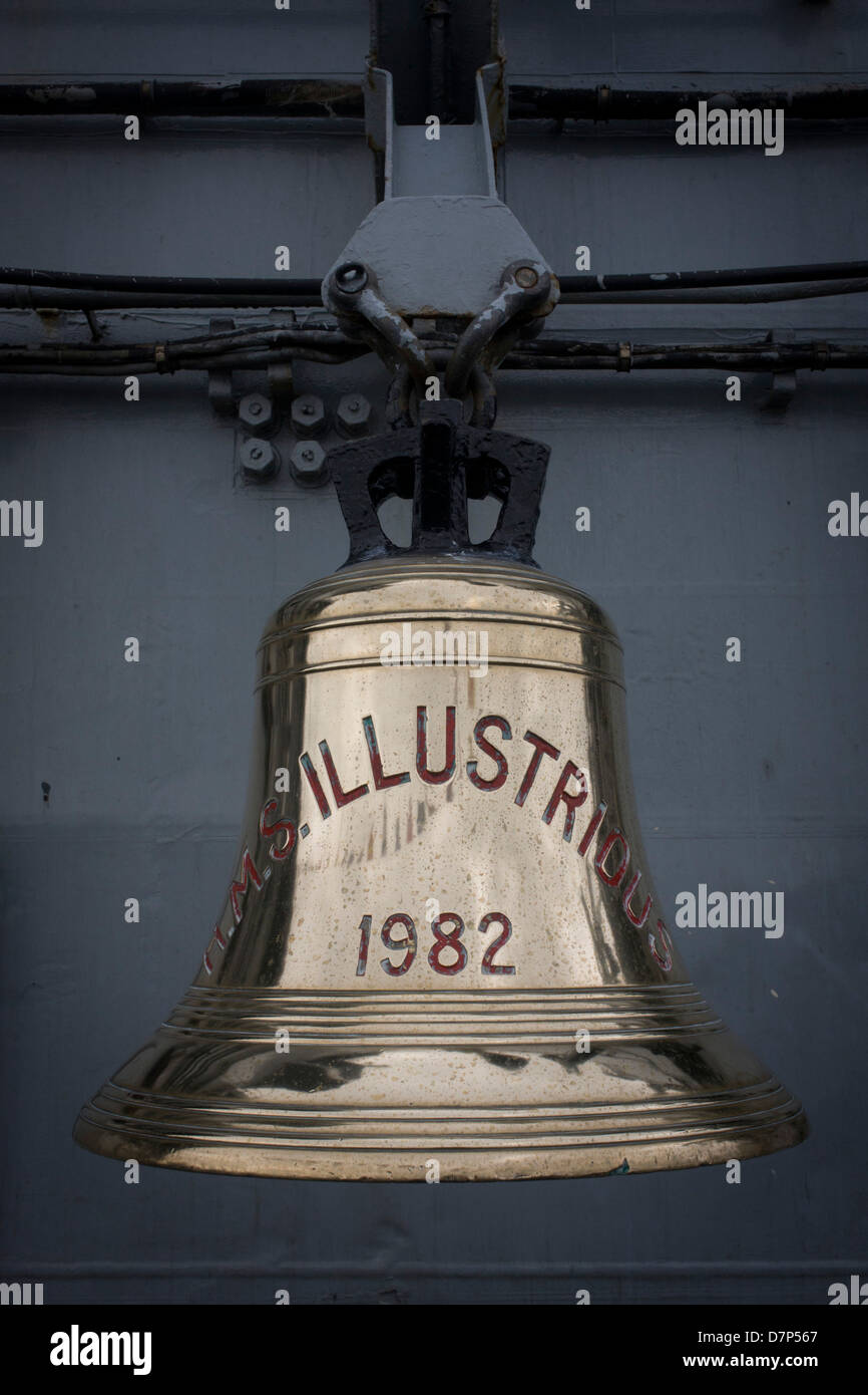 The ship's bell on the top deck onboard the Royal Navy's aircraft