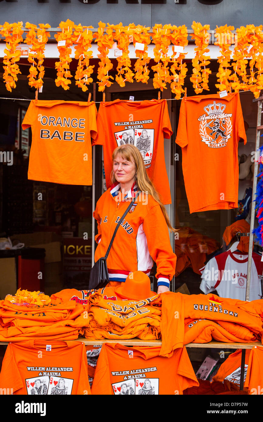 Celebrating Queens day in the Netherlands. Souvenirs in shops and stand