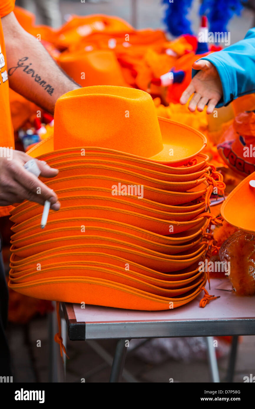 Celebrating Queens day in the Netherlands. Souvenirs in shops and stand