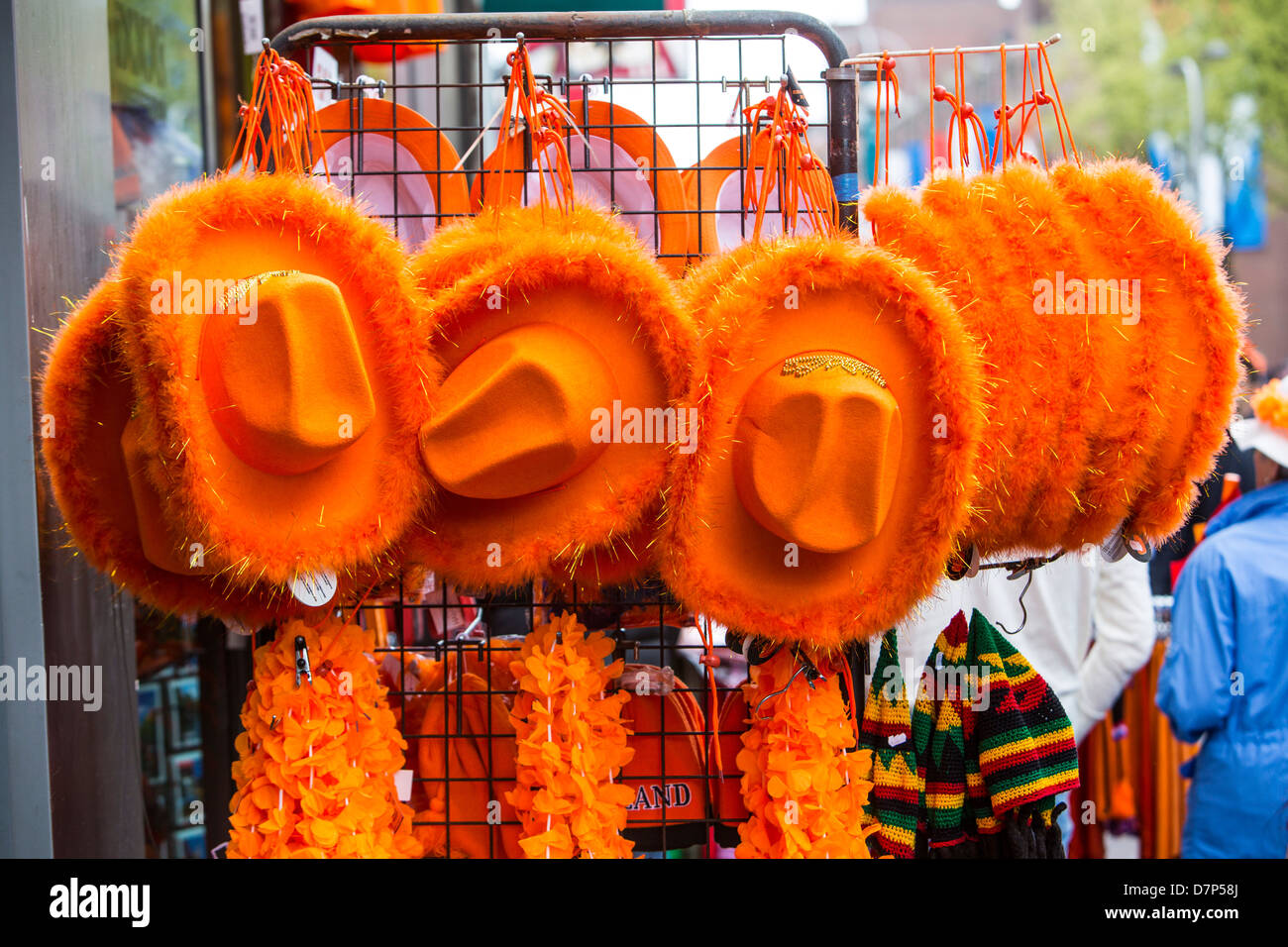 Celebrating Queens day in the Netherlands. Souvenirs in shops and stand