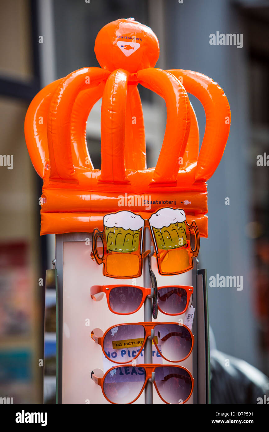 Celebrating Queens day in the Netherlands. Souvenirs in shops and stand