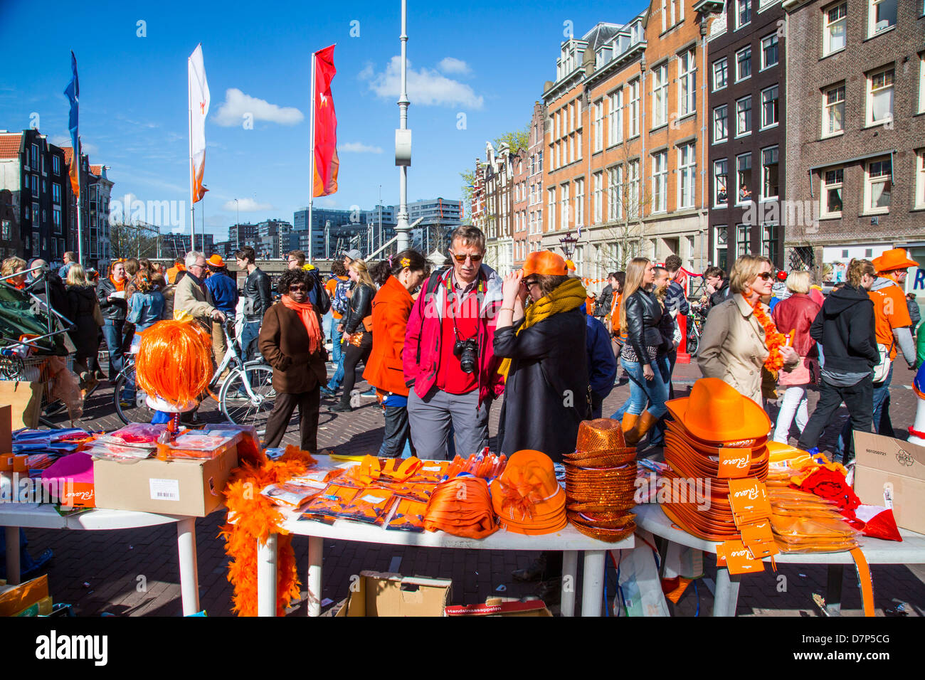 Celebrating Queens day in the Netherlands. Flee market stands in the