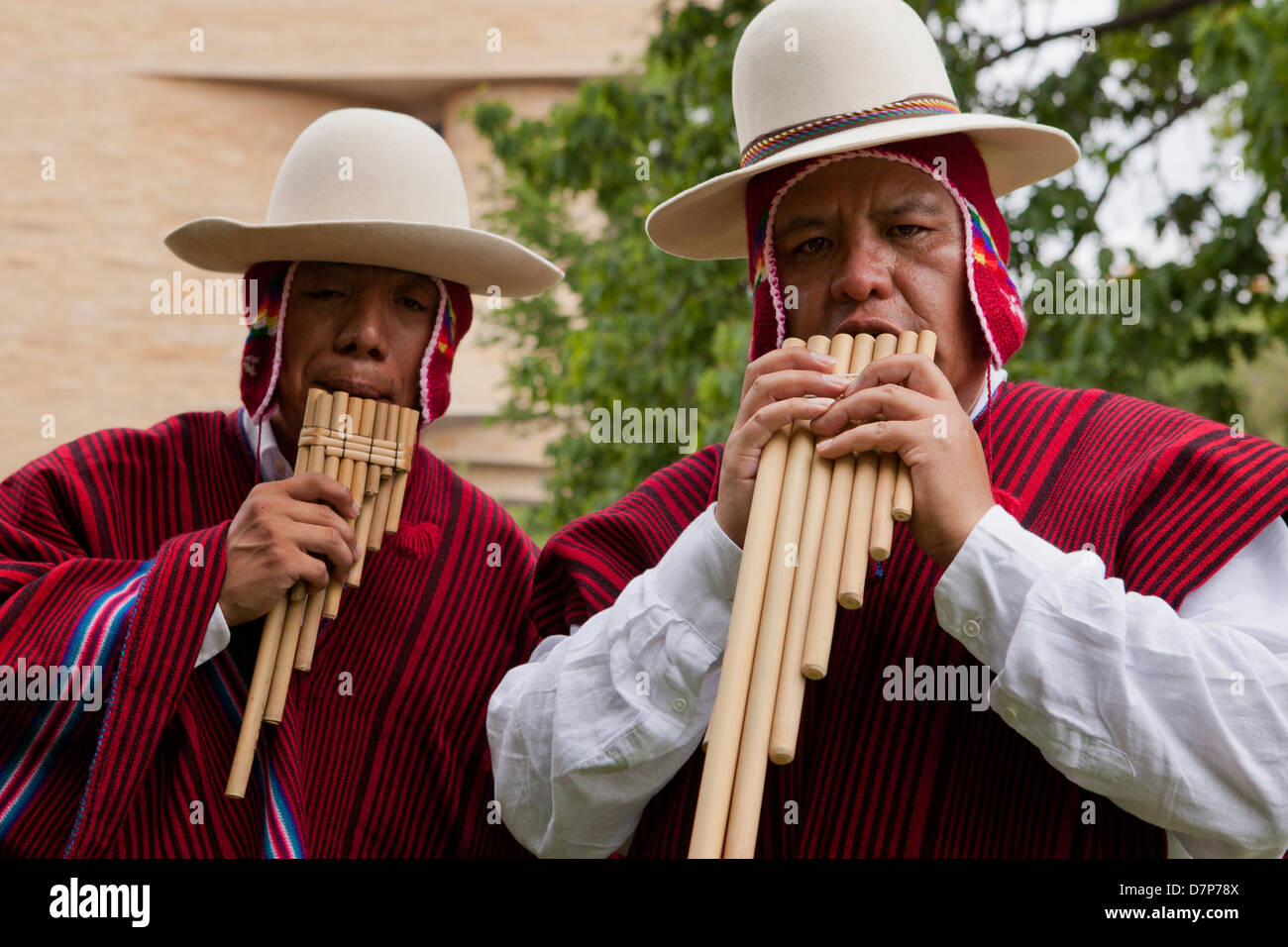 Traditional Bolivian pan flute players Stock Photo