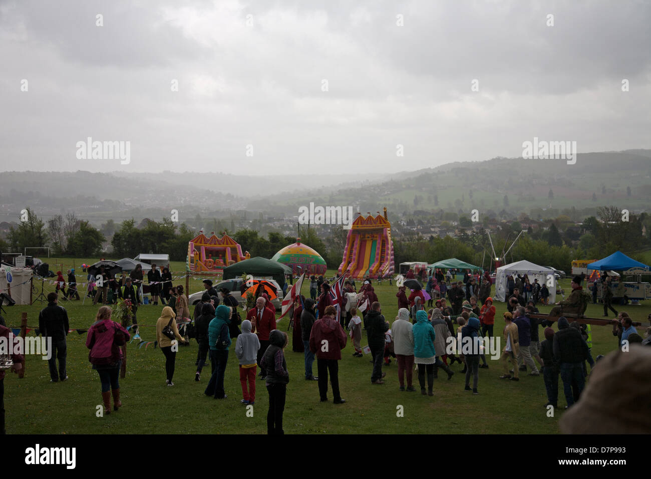 Wet weather at The May day festival in Randwick Gloucestershire England Stock Photo