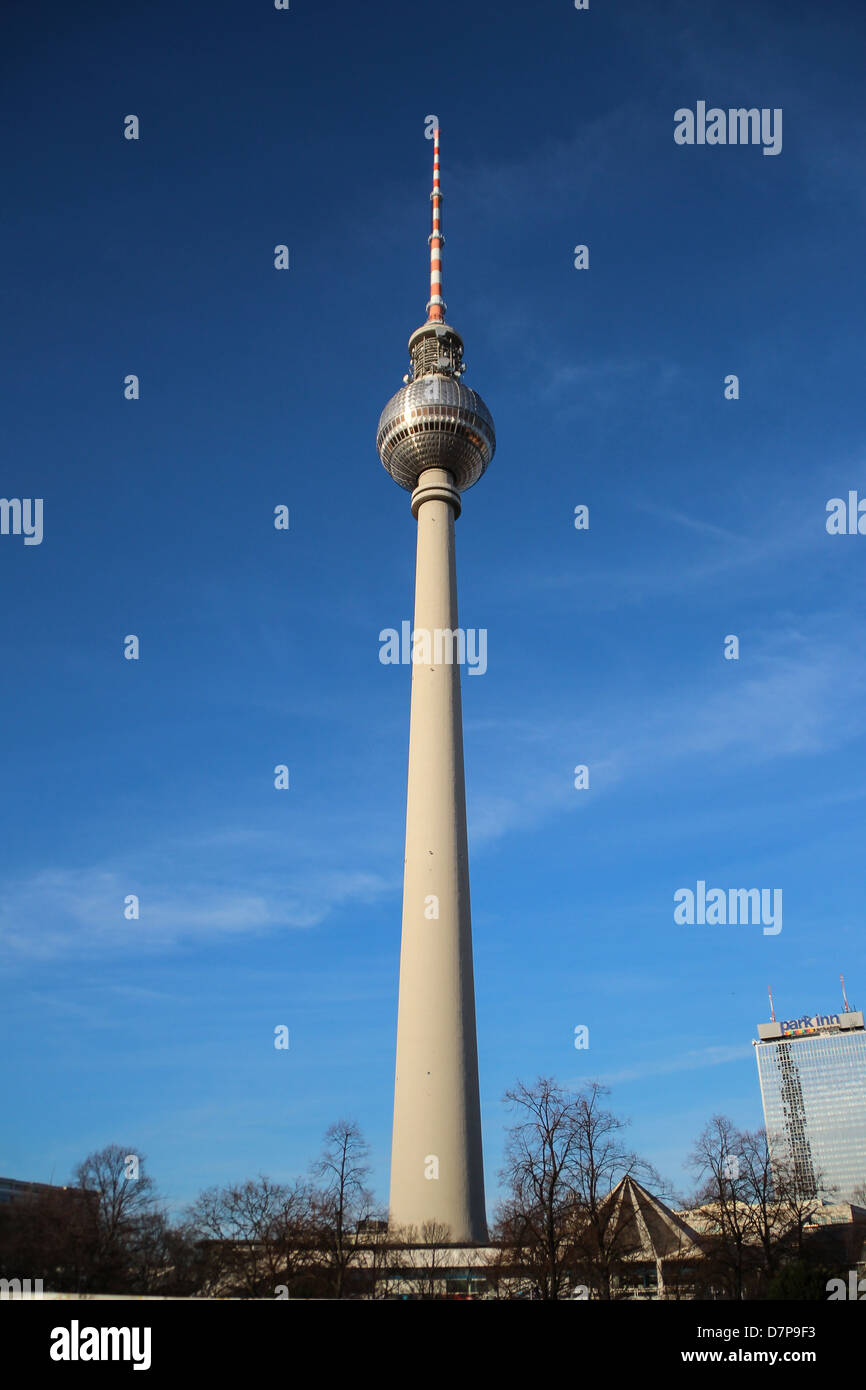 TV tower in Berlin "Berliner Fernsehturm" view from Alexanderplatz Square Stock Photo