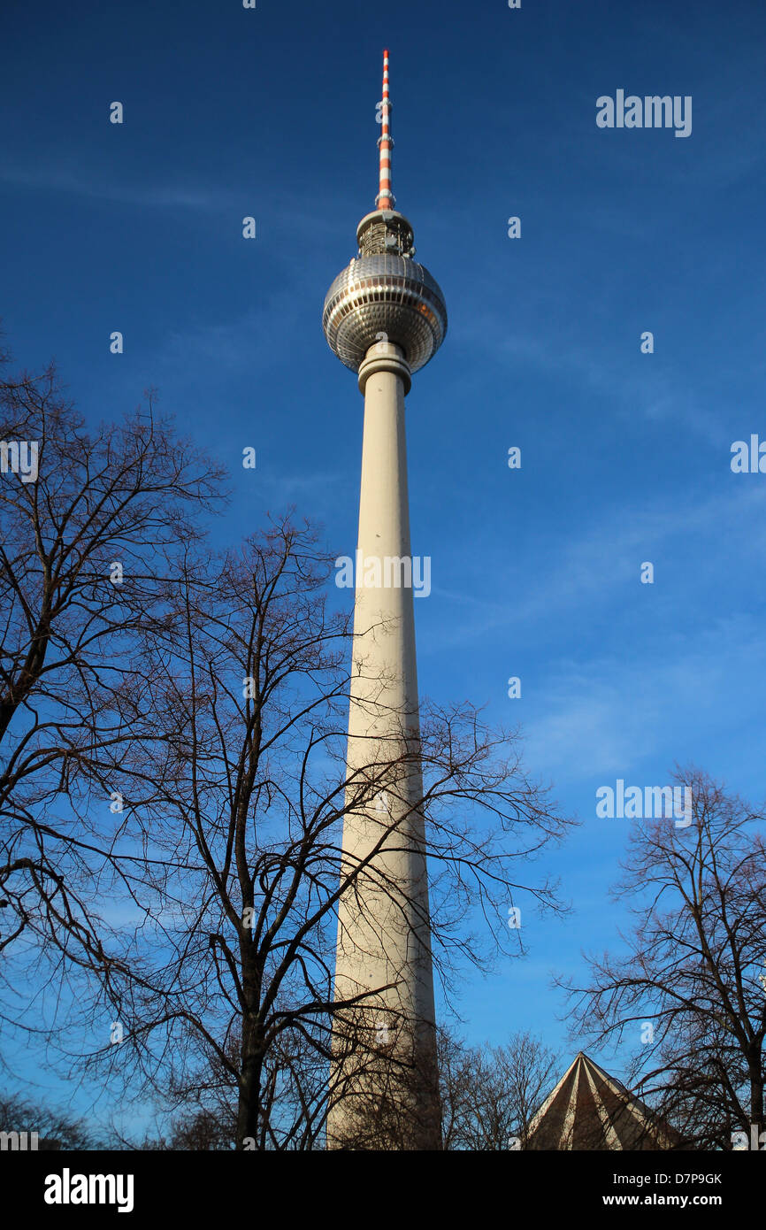 TV tower in Berlin 'Berliner Fernsehturm' view from Alexanderplatz Square Stock Photo