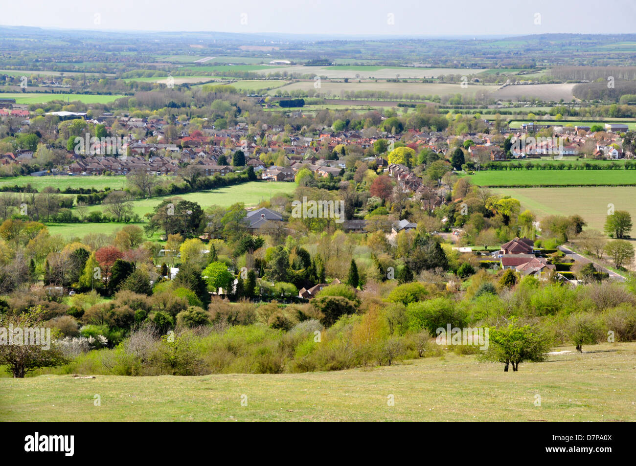 Oxon - Chiltern Hills - Watlington Hill - view over the ancient market town of Watlington - spring sunlight Stock Photo