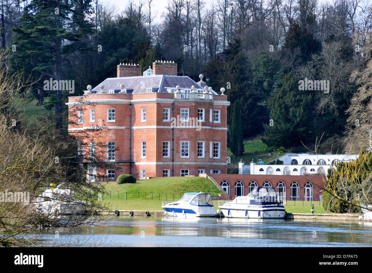 Buckinghamshire - Harleyford Manor - on banks of Thames - built 1755 - Neoclassical style - beautiful setting - early spring. Stock Photo